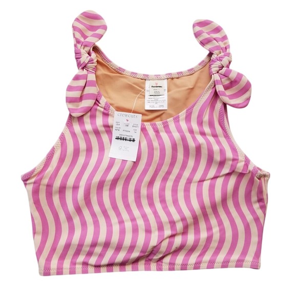 J.‎ Crew Crewcuts Tie Shoulder Bikini Top Size 14 Pink Beige Stripe NWT BY071 - Picture 1 of 6